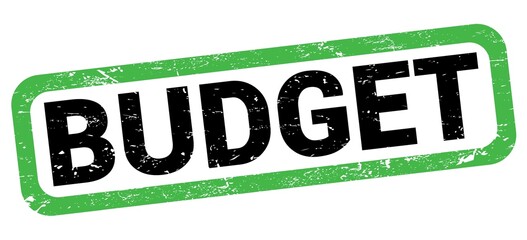 BUDGET text written on green-black rectangle stamp.