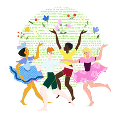 Vector illustration, children of different nationalities dance together throwing flowers. Good and peace, equality. Poster, poster, advertising, social theme.