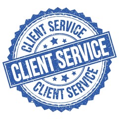 CLIENT SERVICE text on blue round stamp sign