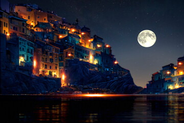  starry night at sea in Italy , houses in harbor ,blue sea water nebula and big moon on sea on horizon city light blurred light Mediterranean  generated ai