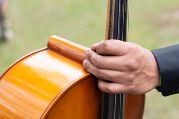 hand of a cellist holding the cello by the neck, artist preparing for musical performance