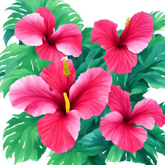 Colorful Hibiscus watercolor on bright white background 