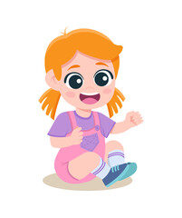 Sitting child kid. Cute smiling girl sitting on the floar. A girl with bright hear and black eyes