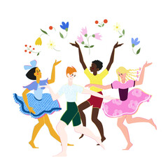 Vector illustration, children of different nationalities dance together throwing flowers. Good and peace, equality. Poster, poster, advertising, social theme.