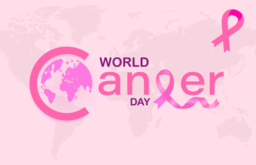 Fototapeta na wymiar Gradient world cancer day horizontal banner background with world map and ribbon