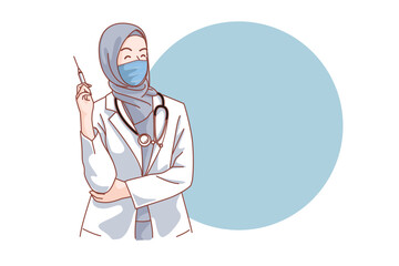 Muslim Doctors Medical personnel in white coats wearing masks on a white background Health service. Flat vector illustration.