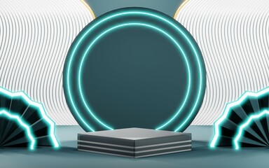 3D render of Podium background in blue tones for displaying cream products. cosmetics