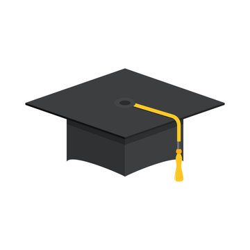 Isometric graduation cap with golden tassel. Academic, student cap sign. Graduate hat icon. University, school and education symbol. Vector illustration