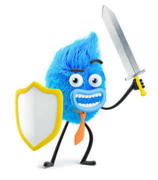Fluffy businessman with shield and sword. 3d illustration. Cartoon character. Protection and security concept.