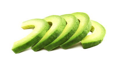 Slices of avocado on white background.