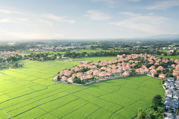 Land, landscape of green field in aerial view. Include agriculture farm, house building, village. That real estate or property. Plot of land to housing subdivision, development, sale or investment.
