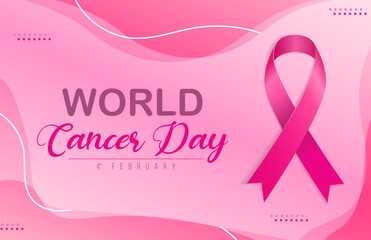 Gradient world cancer day horizontal banner background with pink ribbon