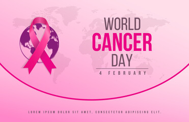 Gradient world cancer day horizontal banner background with world map and ribbon