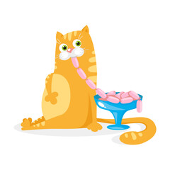 A fat happy red cat sits and eats sausages from a dish. Isolated vector illustration