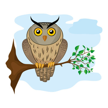 An owl with yellow eyes sits on a tree branch with green leaves against a blue sky. Isolated vector illustration