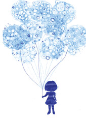 child with balloons hand drawn vector traced illustration, wallpaper and background