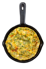 Frittata with salmon and herbs in a cast iron skillet isolated on white. Italian style omelette.