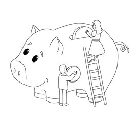 Outline of man and a woman put coins into a large piggy bank. The concept of maintaining a home budget. Vector illustration on a white background
