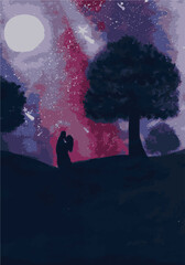 couple in the pink night vector traced illustration, wallpaper and background