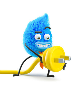 Fluffy businessman plugs into a socket. 3d illustration. Cartoon character.
