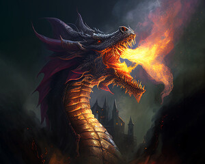 dragon spitting fire - obrazy, fototapety, plakaty