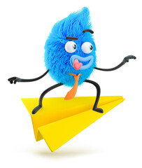 Fluffy businessman flies on a paper plane. 3d illustration. Cartoon character.