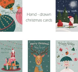 Hand-drawn Christmas and New Year card set, standard size