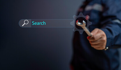 Wrench tool, wrench handyman service, slash icon screen and tools search bar in online stores