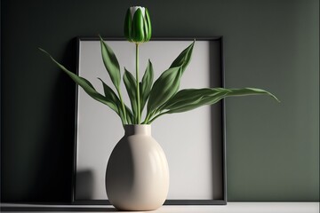 a white vase with a green plant in it on a table next to a framed picture of a tulip.