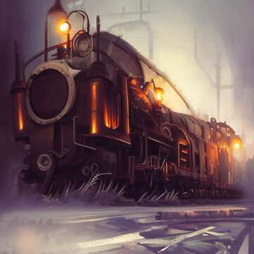 Locomotive is in motion. In style of steampunk. Generative AI.