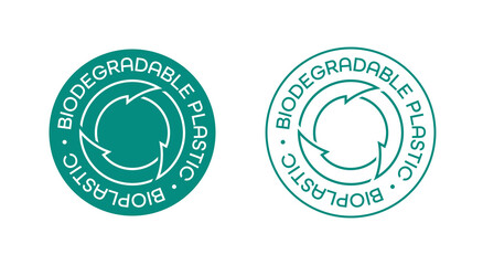 Biodegradable plastic. Environmentally friendly product. Sign with thin lines and font.