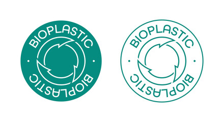 Bioplastic, bio plastic. Eco-friendly or biodegradable plastic. Round green sign with thin lines and font.