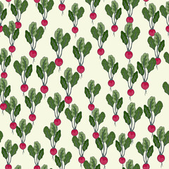 Vintage radish seamless pattern. Radish with leaves endless wallpaper. Vegetarian food backdrop.