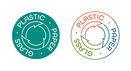 Recycling of plastic, paper and glass. Round sign with thin lines and font.