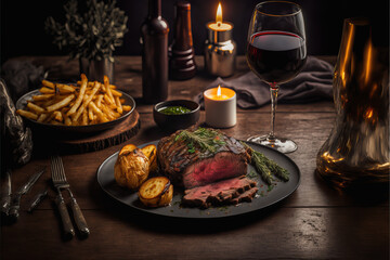 Delicious fillet steak, fried potatoes and a glass of red wine served on a wooden table by candlelight - Generative AI