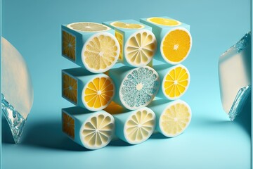a group of orange slices sitting on top of each other on a blue surface with ice around them and a piece of fruit in the middle.