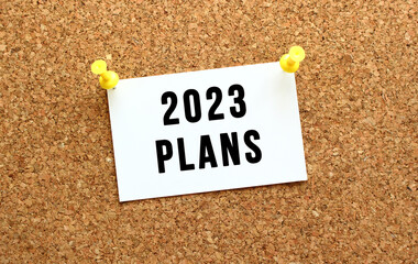 2023 PLANS is written on a card attached to the corkboard with a button. Reminder on the office board.