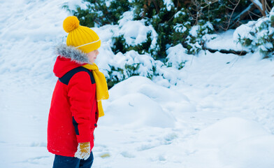 portrait of emotional boy in winter forest