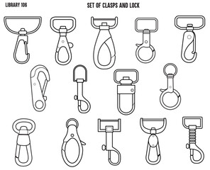 CLASPS, ACCESSSORIES FASTNERS  BAGS FASTNERS, BACKPACK FASTNERS AND LOCK FLAT SKETCH VECTOR ILLUSTRATION SET