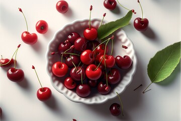 Obraz na płótnie Canvas a bowl of cherries with leaves on a table top with a white background and a green leaf on the side.