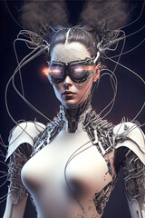 A cyborg woman with wires from her torso. Generative AI