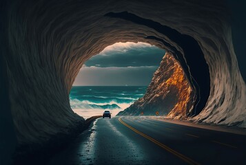 tunnel road overlooking the sea, 3d illustration - obrazy, fototapety, plakaty