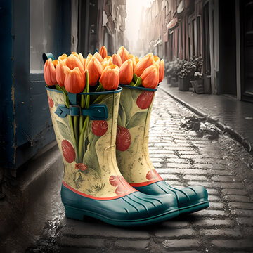Tulips in boots on a city street.