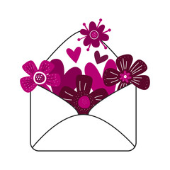 Valentines day romantic illustration with hearts and flowers. Love letter in opened envelope vector clipart. 14 february holiday.