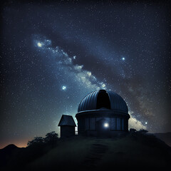 Astronomical observatory in the middle of a mountain under a sky with stars. Image generated with AI.