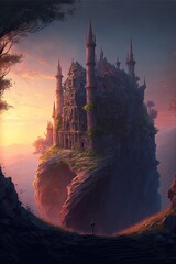 A lovely anime style concept of a medieval castle in a fantasy landscape.