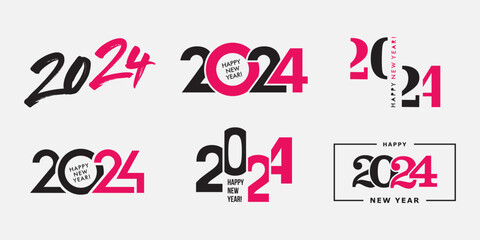 Big Set of 2024 Happy New Year logo text design. 2024 number design template. Collection of 2024 Happy New Year symbols. Vector illustration with black and pink labels isolated on white background.