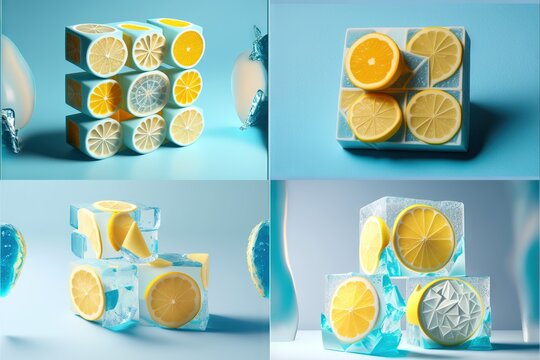 a series of photos of lemons and oranges in ice cubes on a blue background.
