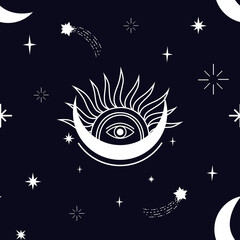 White moon, stars and eyes on a dark blue background. Boho seamless pattern.