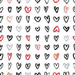 Vector seamless pattern with hand-drawn hearts on white background.  Sketch illustration.